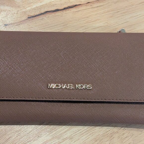 Michael Kors Large Trifold Leather/PVC Wallet-Brown - Picture 1 of 5